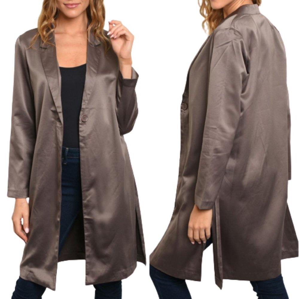 Brown Satin Jacket NEW Knee Length Lightweight Thin Dressy Casual Trench Coat